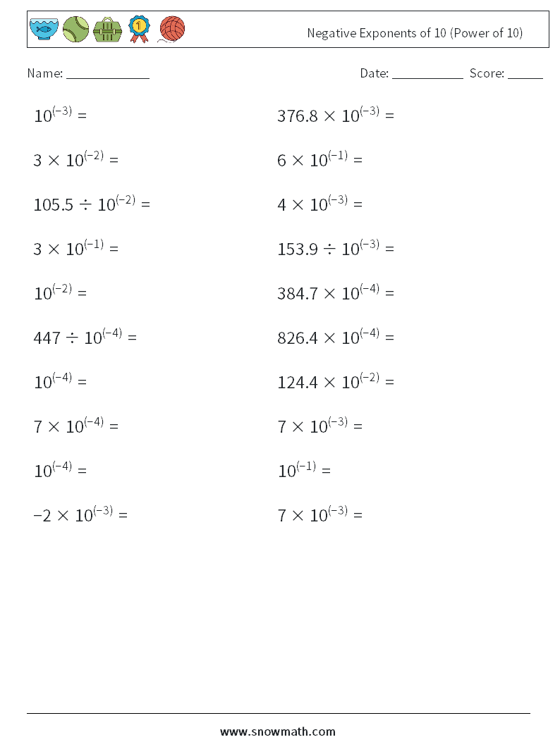 Negative Exponents of 10 (Power of 10) Maths Worksheets 1