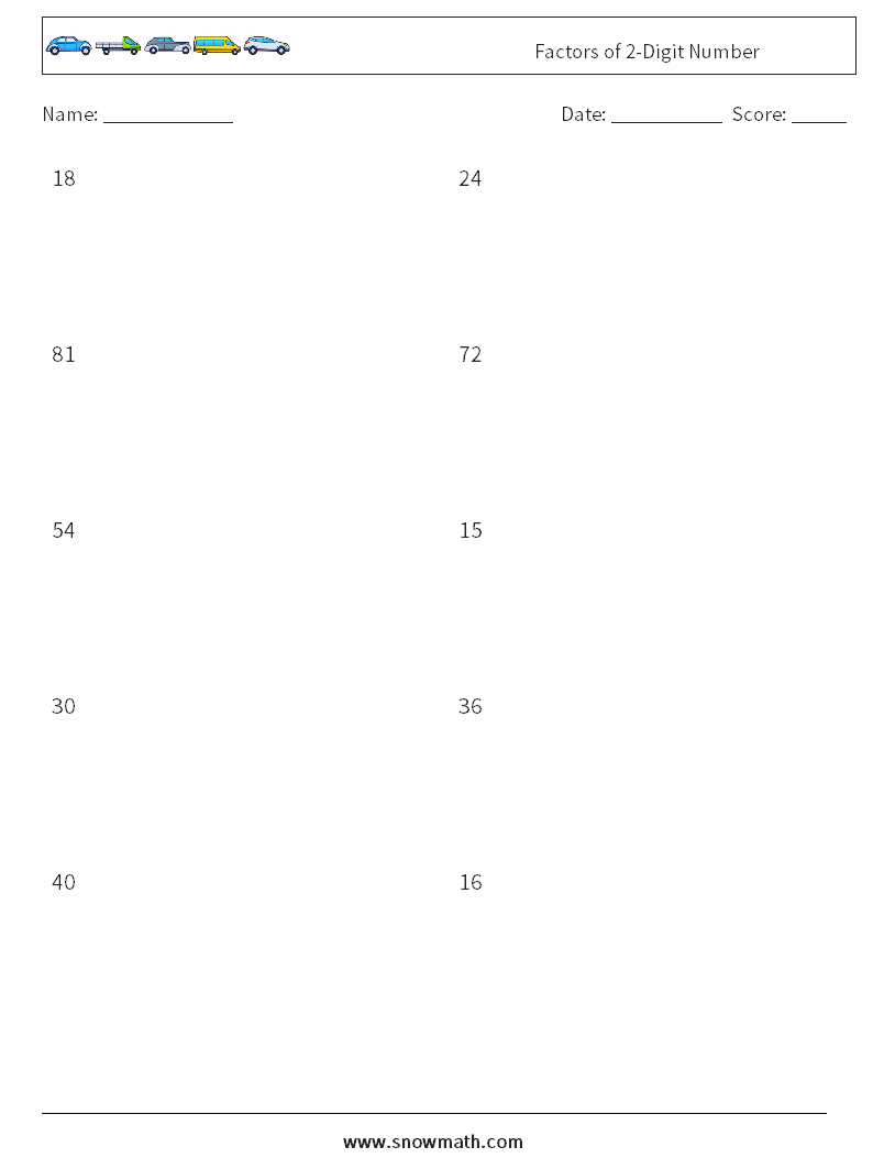 Factors of 2-Digit Number Maths Worksheets 8