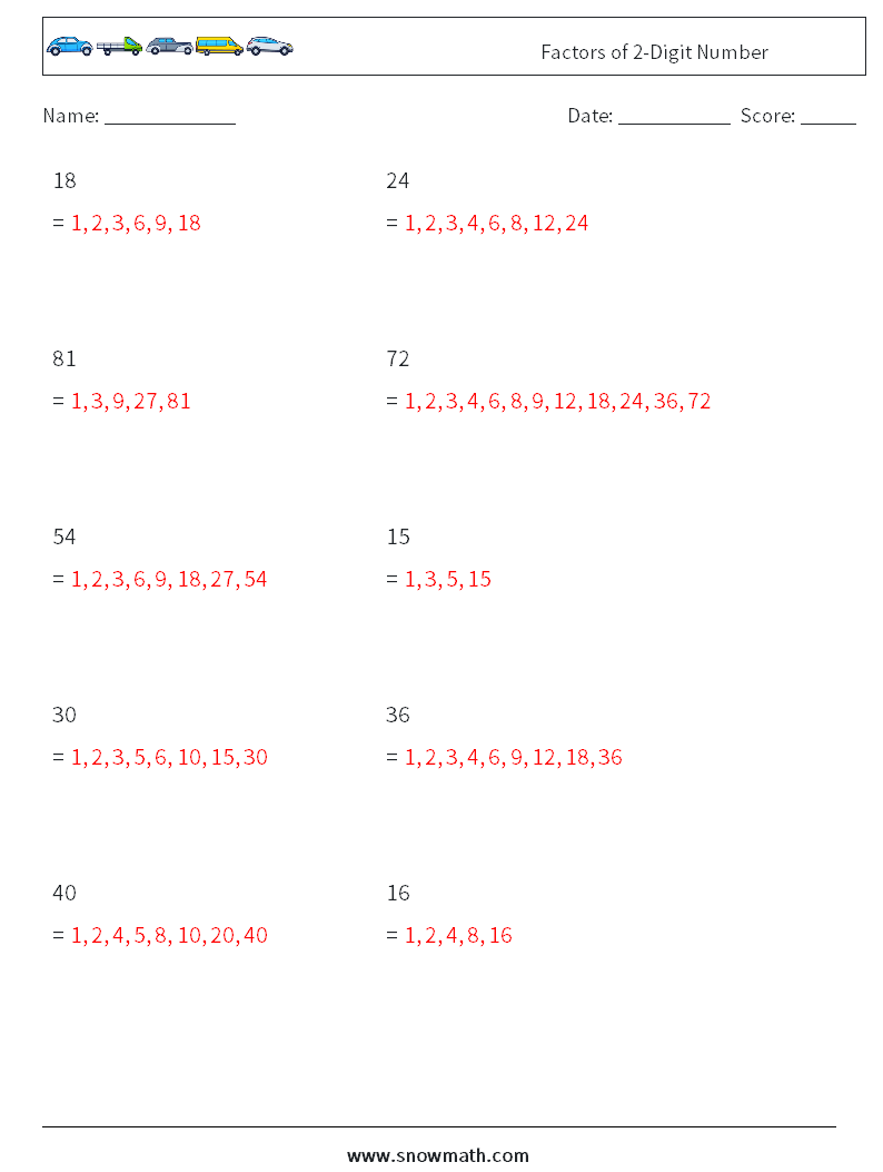 Factors of 2-Digit Number Maths Worksheets 8 Question, Answer