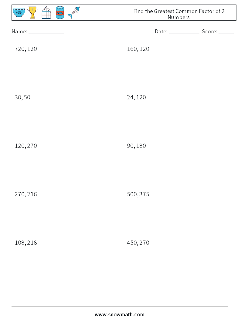 Find the Greatest Common Factor of 2 Numbers Maths Worksheets 9