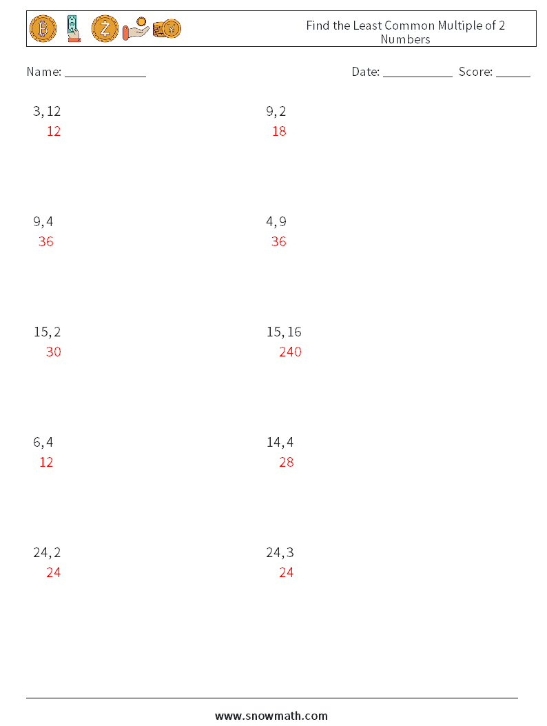 Find the Least Common Multiple of 2 Numbers Maths Worksheets 2 Question, Answer