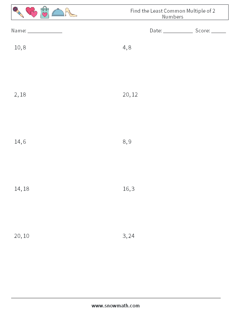 Find the Least Common Multiple of 2 Numbers Maths Worksheets 3