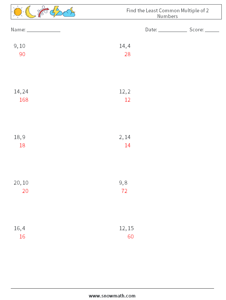 Find the Least Common Multiple of 2 Numbers Maths Worksheets 4 Question, Answer