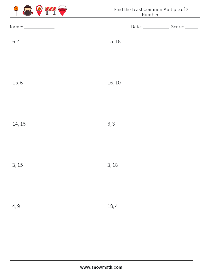 Find the Least Common Multiple of 2 Numbers Maths Worksheets 5