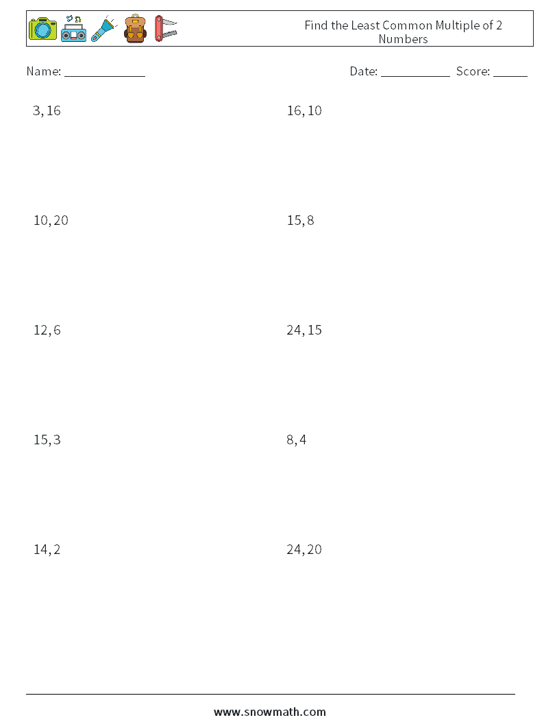 Find the Least Common Multiple of 2 Numbers Maths Worksheets 7
