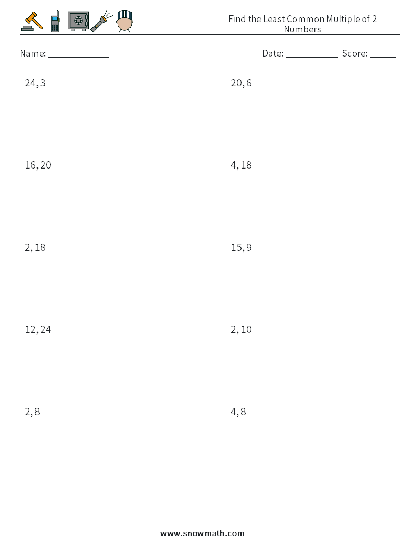 Find the Least Common Multiple of 2 Numbers Maths Worksheets 8