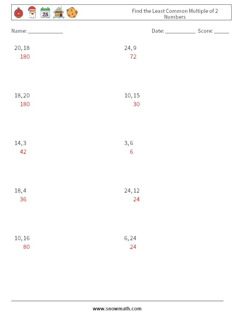 Find the Least Common Multiple of 2 Numbers Maths Worksheets 9 Question, Answer