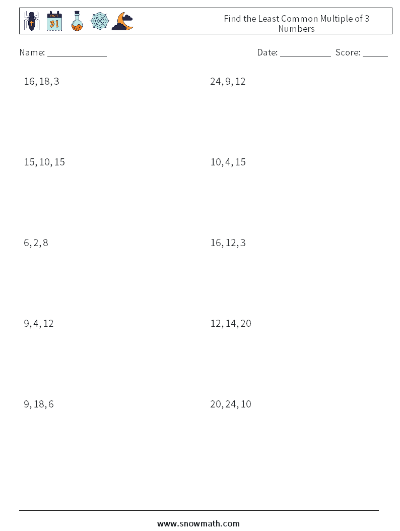 Find the Least Common Multiple of 3 Numbers Maths Worksheets 1
