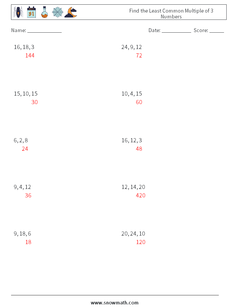 Find the Least Common Multiple of 3 Numbers Maths Worksheets 1 Question, Answer