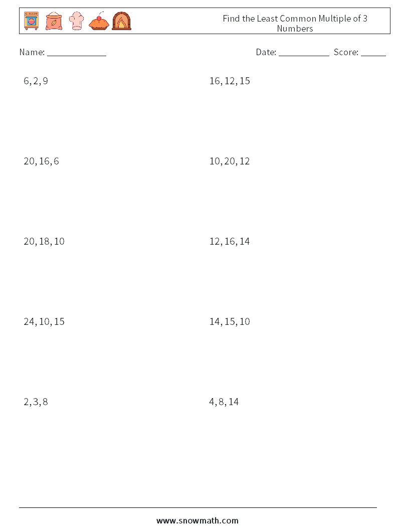 Find the Least Common Multiple of 3 Numbers Maths Worksheets 2