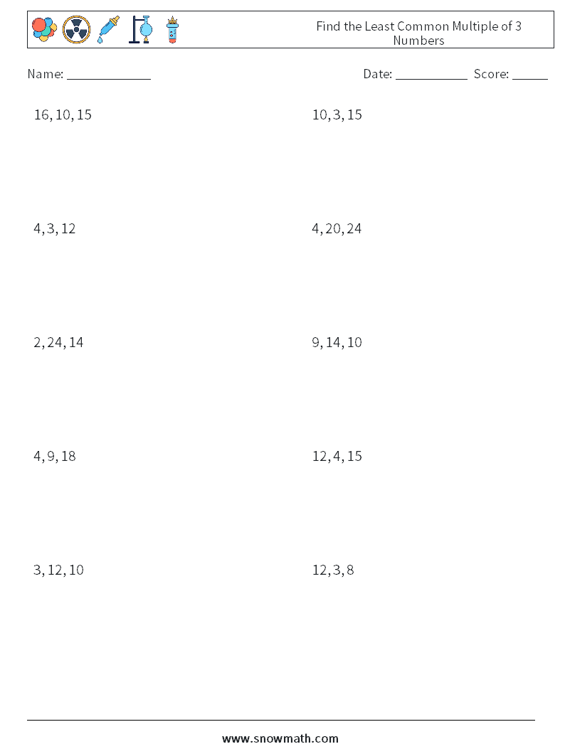 Find the Least Common Multiple of 3 Numbers Maths Worksheets 8