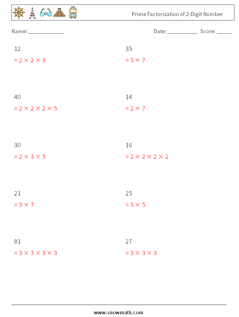 Prime Factorization of 2-Digit Number Maths Worksheets 1 Question, Answer