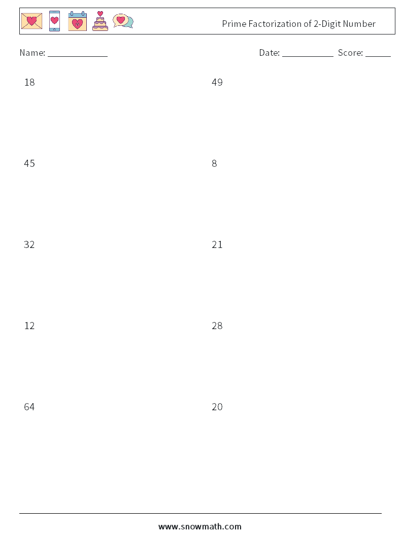 Prime Factorization of 2-Digit Number Maths Worksheets 2