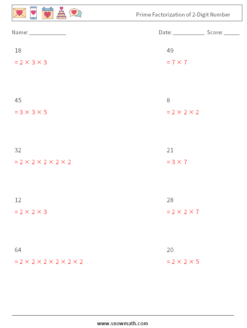 Prime Factorization of 2-Digit Number Maths Worksheets 2 Question, Answer