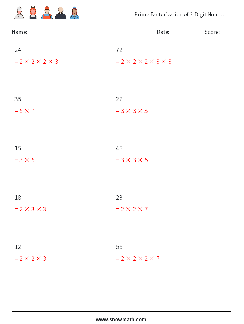 Prime Factorization of 2-Digit Number Maths Worksheets 3 Question, Answer
