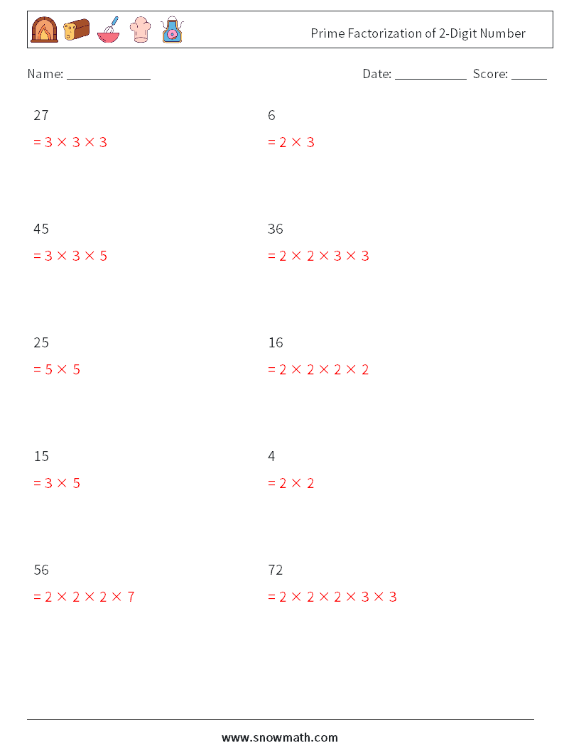 Prime Factorization of 2-Digit Number Maths Worksheets 4 Question, Answer
