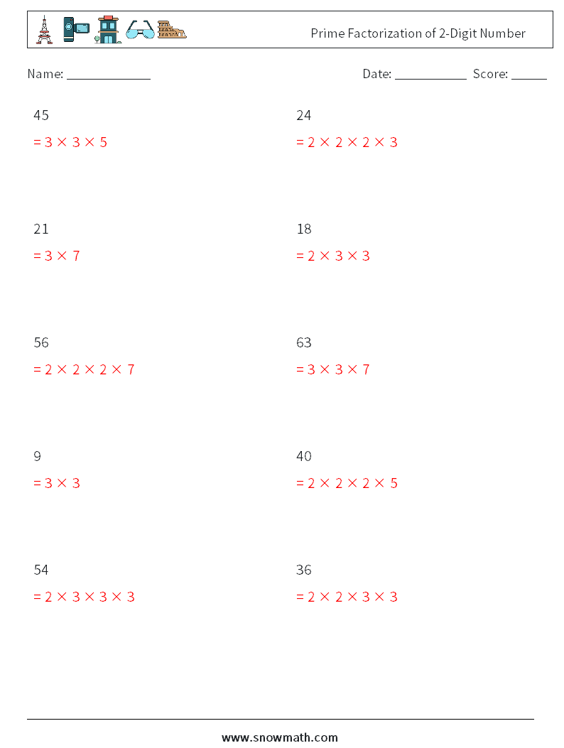 Prime Factorization of 2-Digit Number Maths Worksheets 5 Question, Answer