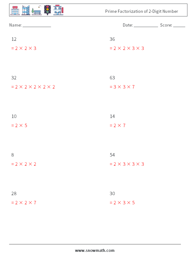 Prime Factorization of 2-Digit Number Maths Worksheets 6 Question, Answer