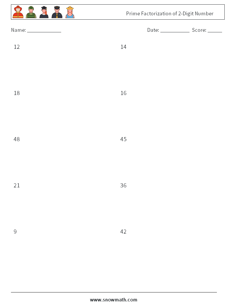 Prime Factorization of 2-Digit Number Maths Worksheets 7