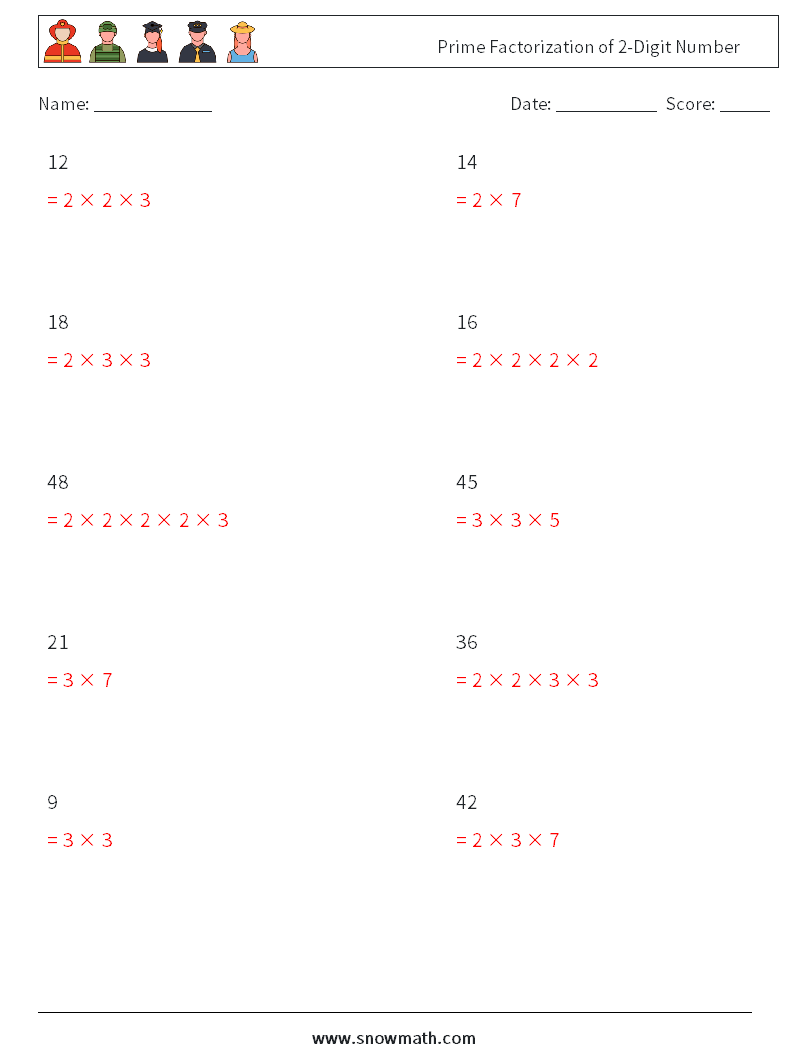 Prime Factorization of 2-Digit Number Maths Worksheets 7 Question, Answer