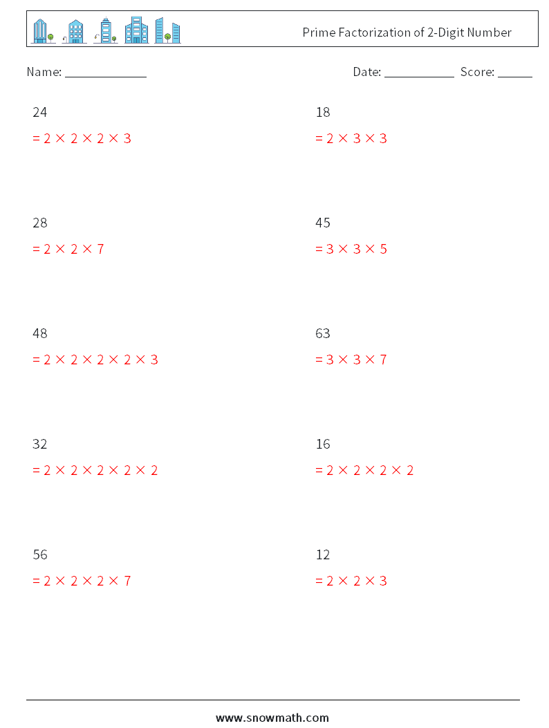 Prime Factorization of 2-Digit Number Maths Worksheets 8 Question, Answer