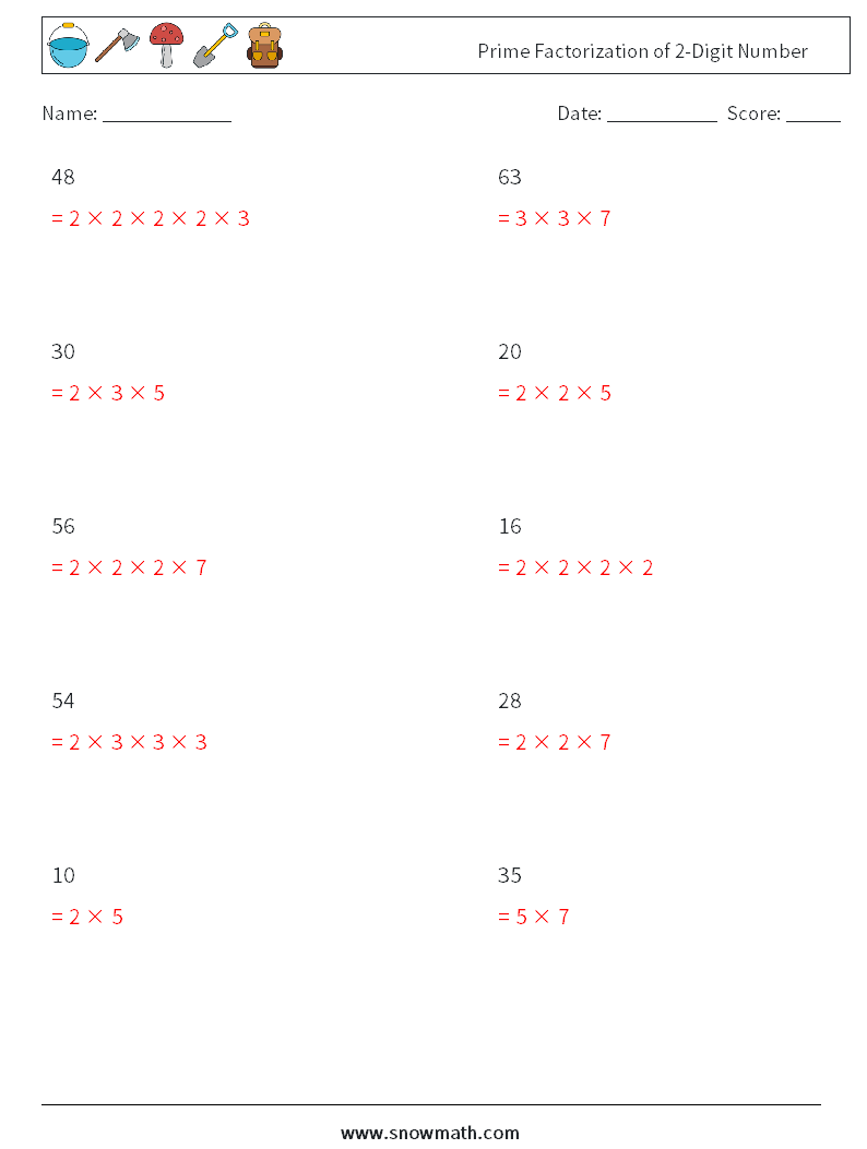 Prime Factorization of 2-Digit Number Maths Worksheets 9 Question, Answer