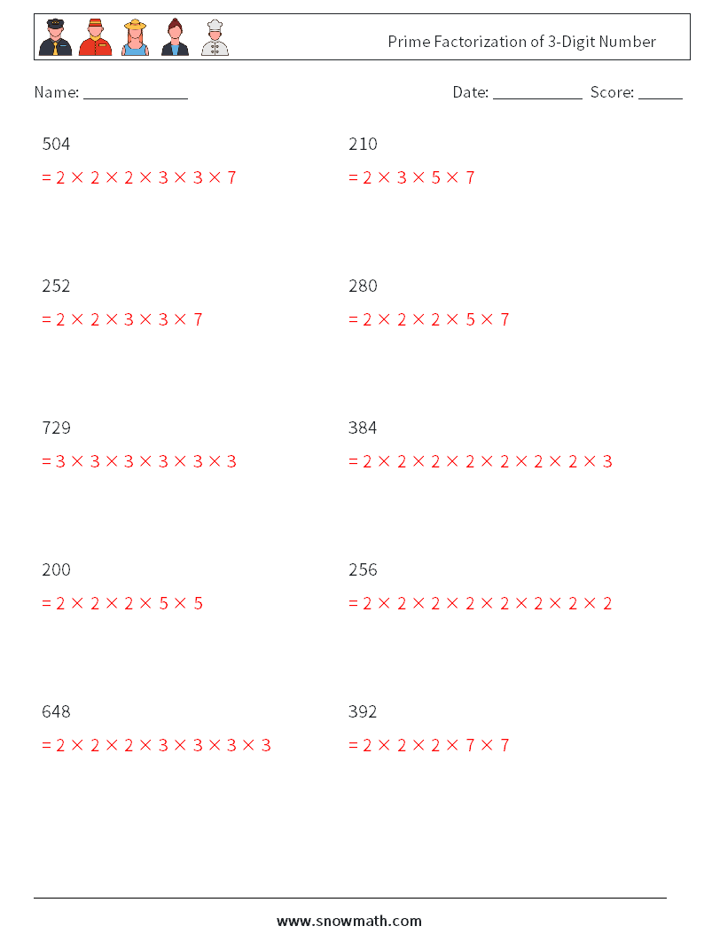 Prime Factorization of 3-Digit Number Maths Worksheets 8 Question, Answer