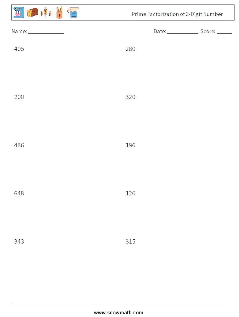 Prime Factorization of 3-Digit Number Maths Worksheets 9