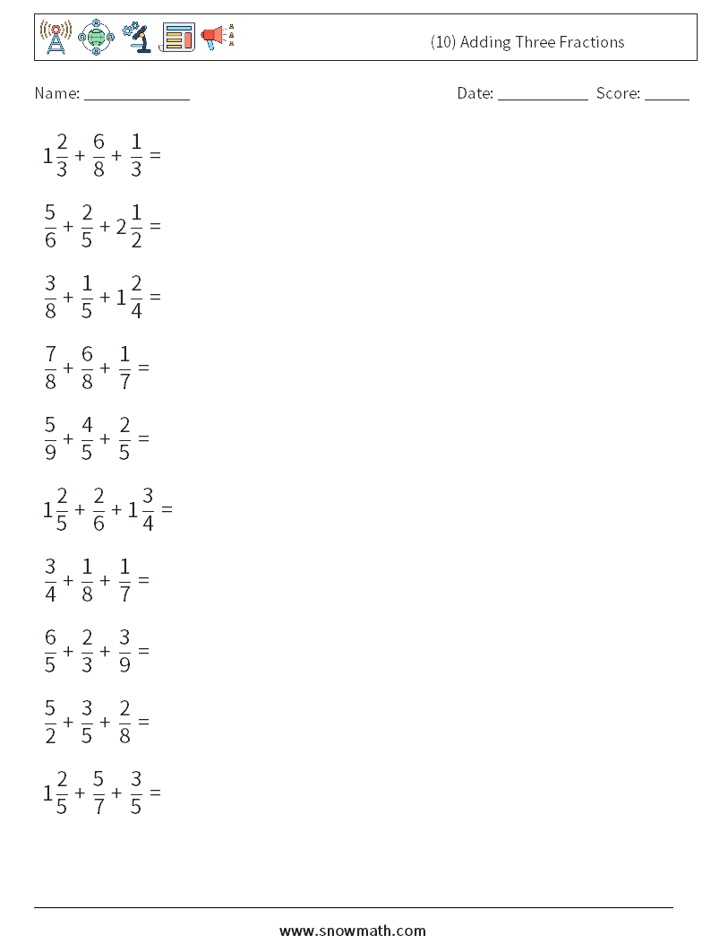 (10) Adding Three Fractions Maths Worksheets 12