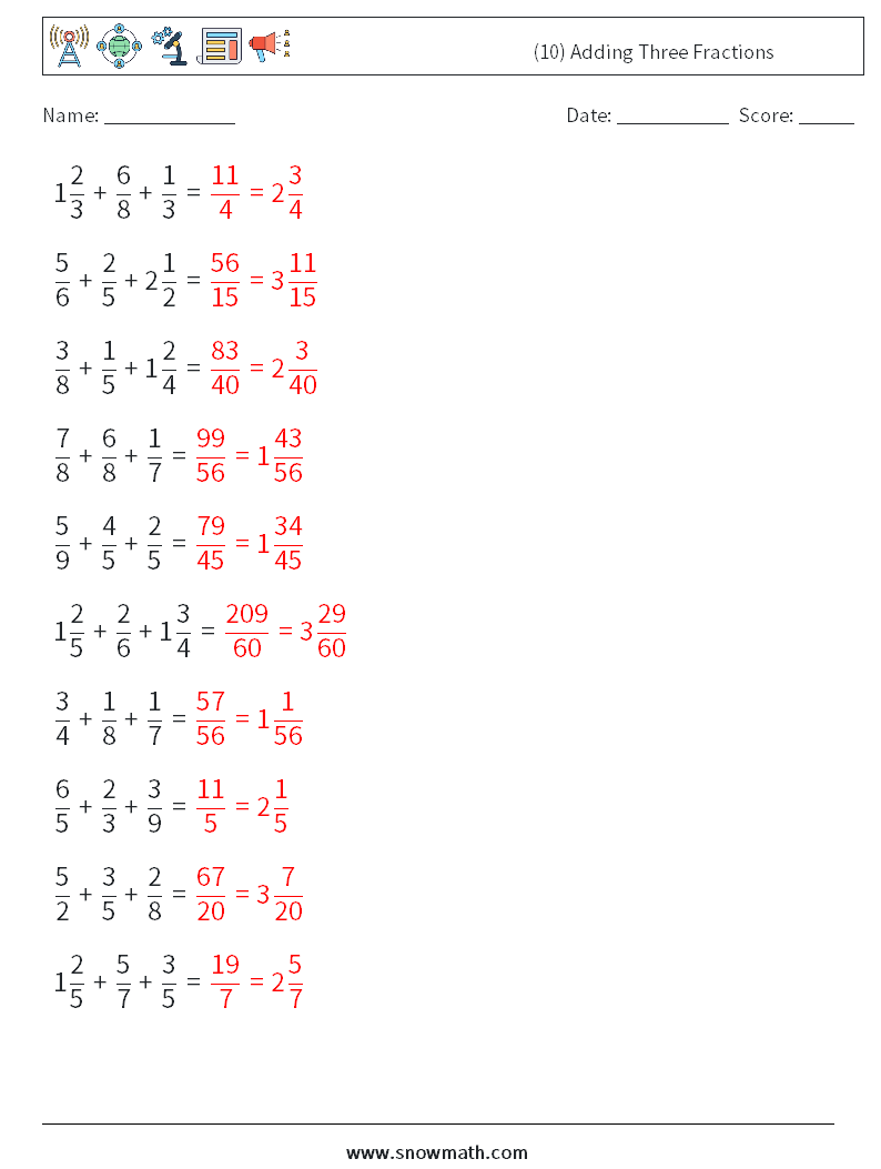 (10) Adding Three Fractions Maths Worksheets 12 Question, Answer