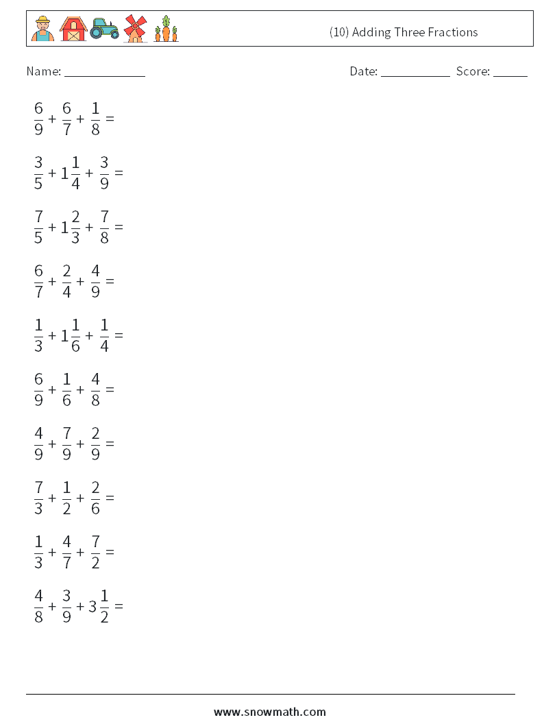 (10) Adding Three Fractions Maths Worksheets 15