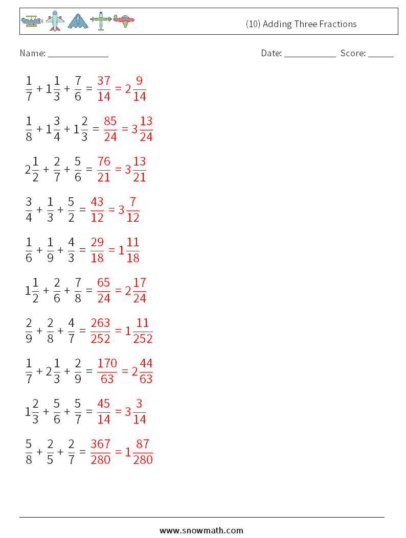 (10) Adding Three Fractions Maths Worksheets 1 Question, Answer