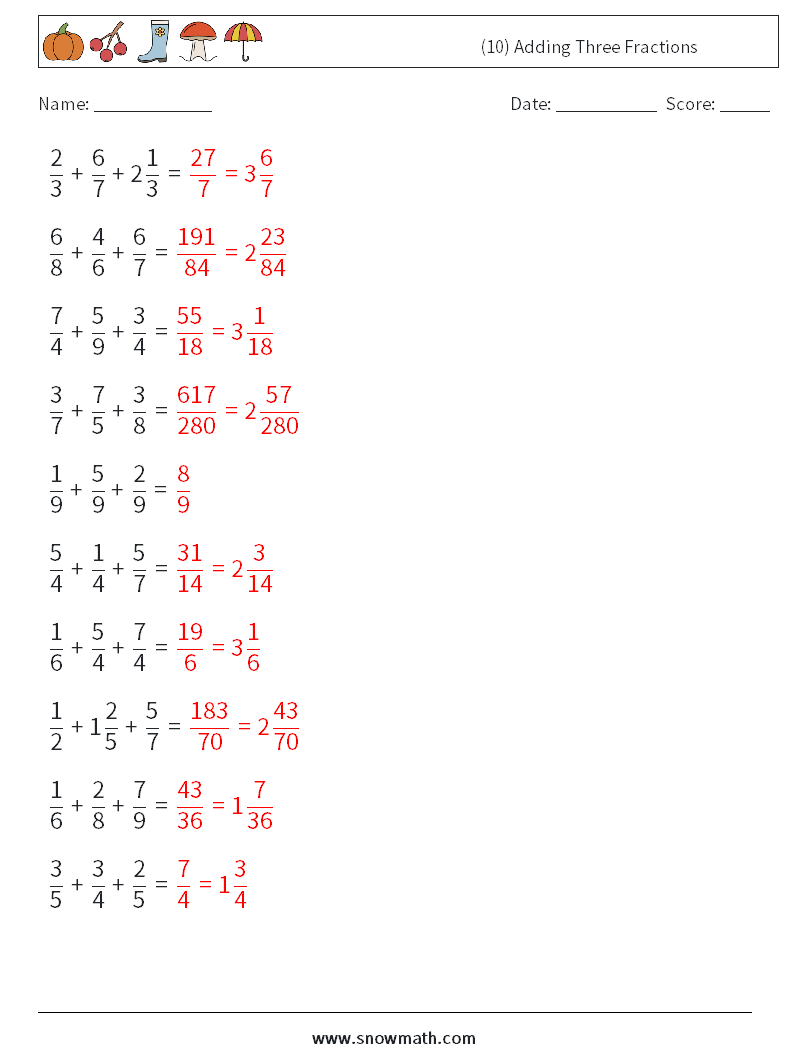 (10) Adding Three Fractions Maths Worksheets 2 Question, Answer