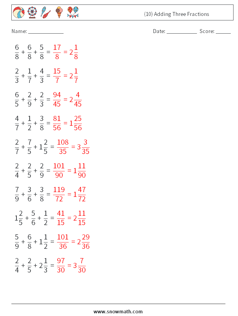 (10) Adding Three Fractions Maths Worksheets 3 Question, Answer