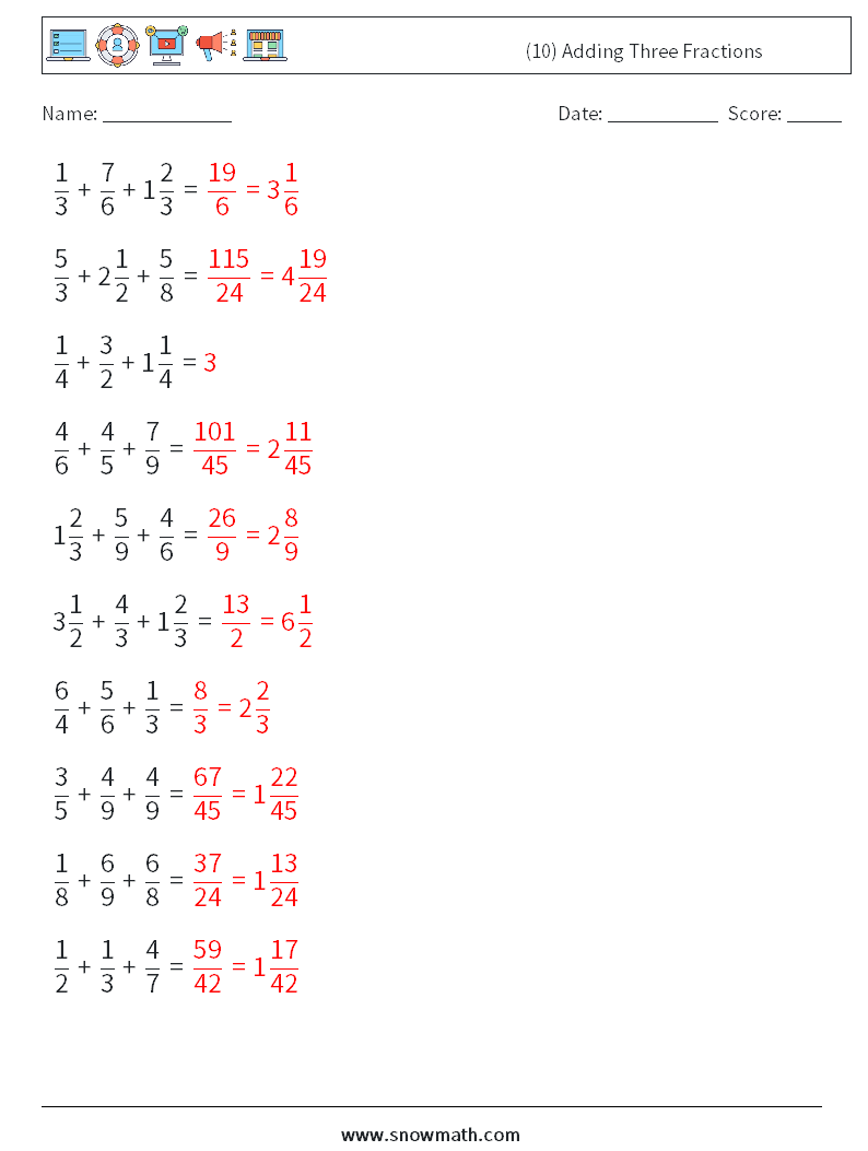 (10) Adding Three Fractions Maths Worksheets 5 Question, Answer