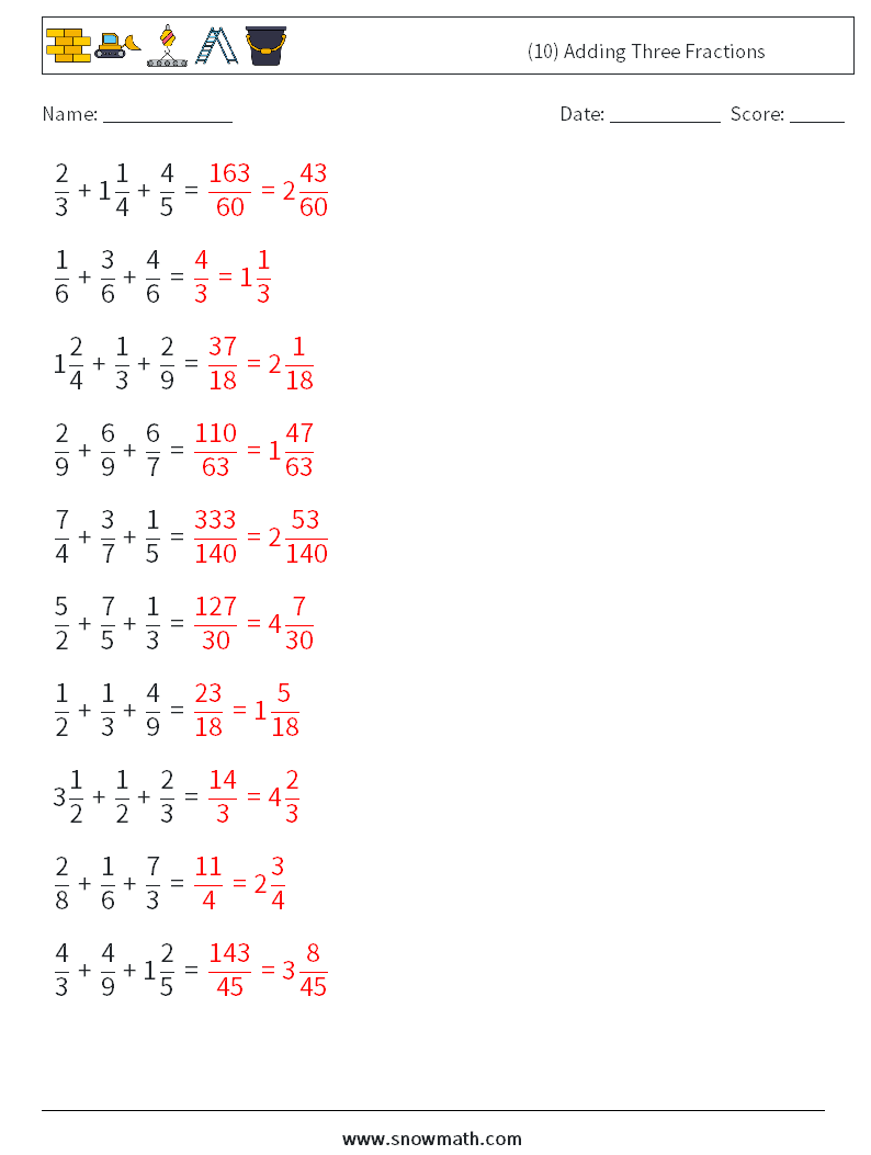 (10) Adding Three Fractions Maths Worksheets 6 Question, Answer