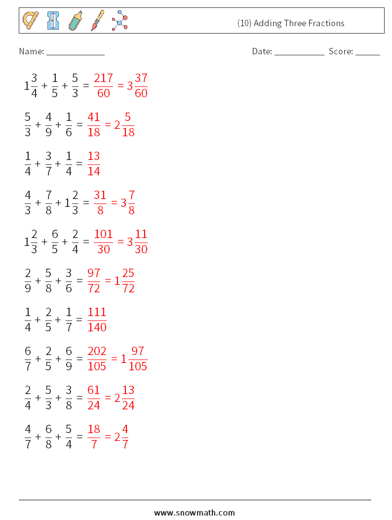 (10) Adding Three Fractions Maths Worksheets 7 Question, Answer