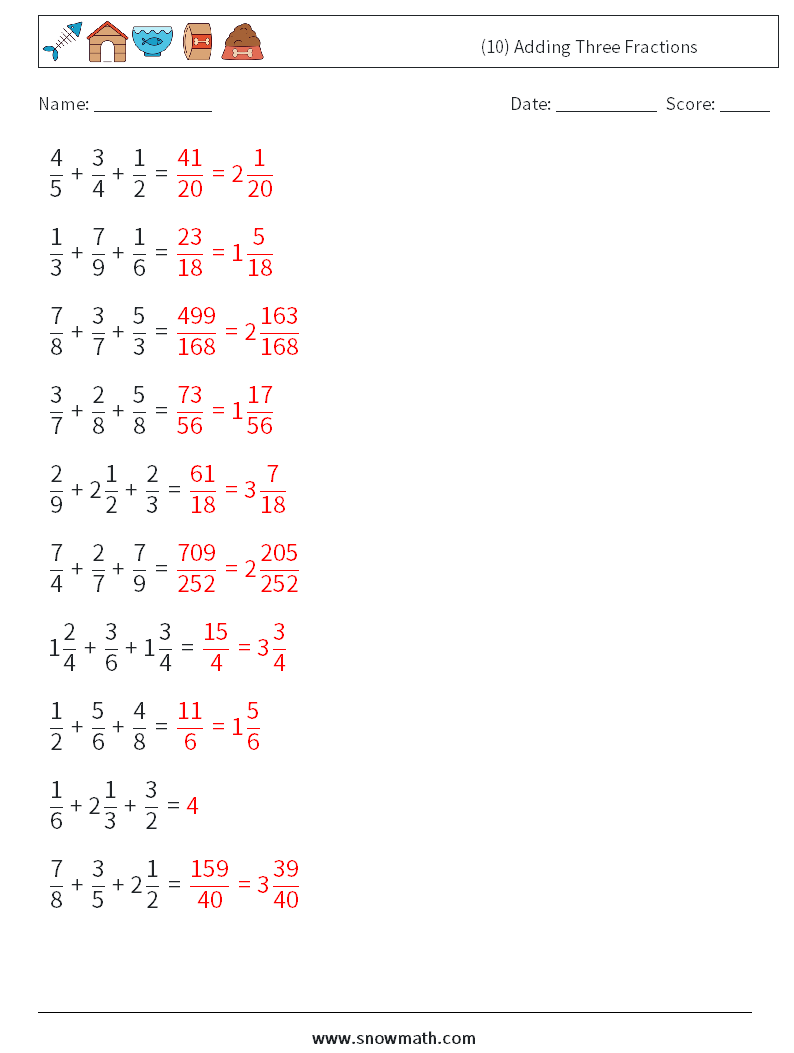 (10) Adding Three Fractions Maths Worksheets 8 Question, Answer