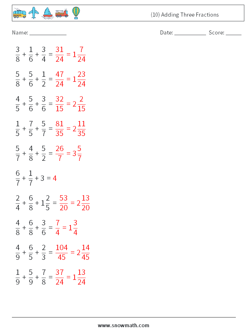 (10) Adding Three Fractions Maths Worksheets 9 Question, Answer