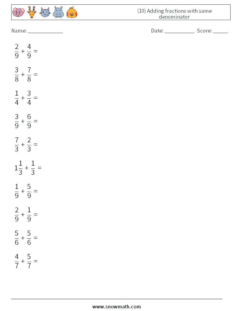 (10) Adding fractions with same denominator Maths Worksheets 1
