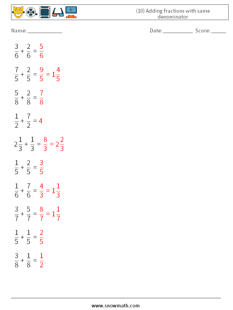 (10) Adding fractions with same denominator Maths Worksheets 10 Question, Answer