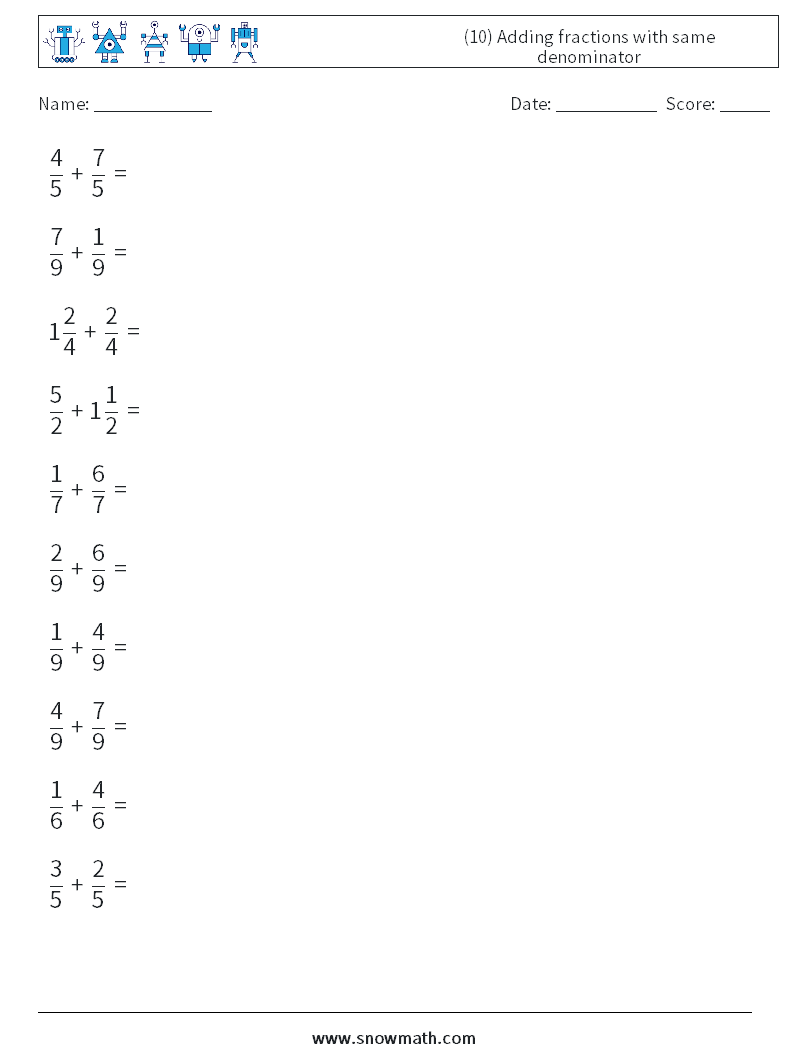 (10) Adding fractions with same denominator Maths Worksheets 11