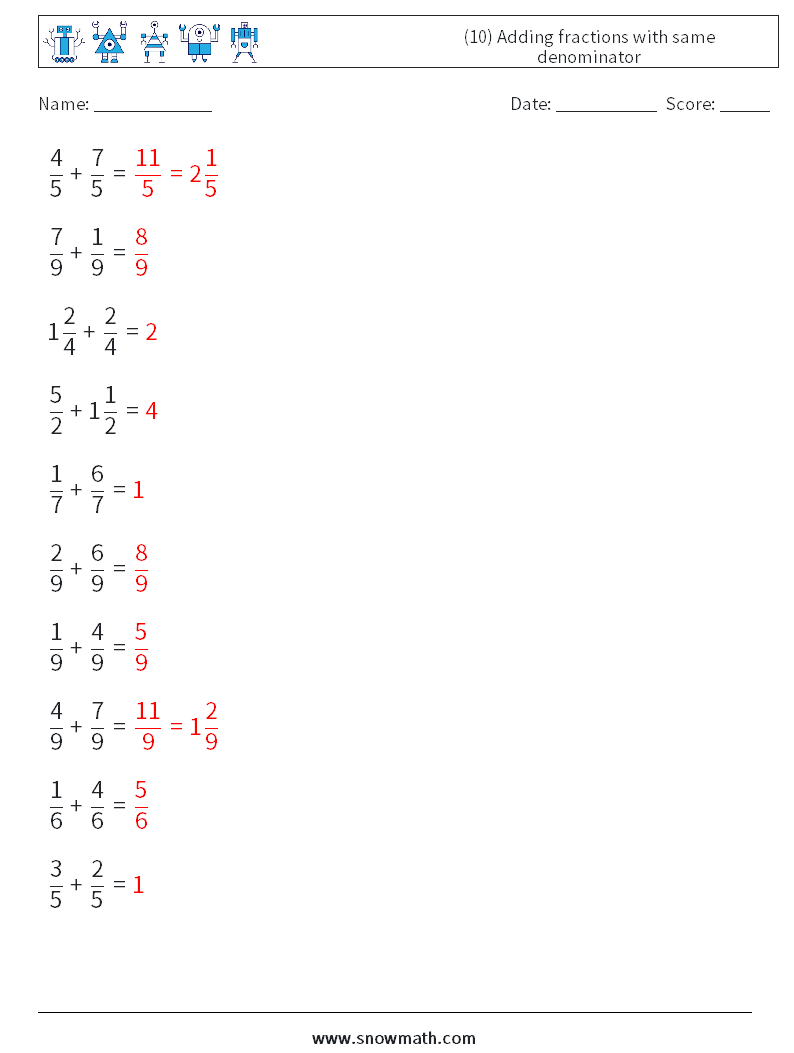 (10) Adding fractions with same denominator Maths Worksheets 11 Question, Answer