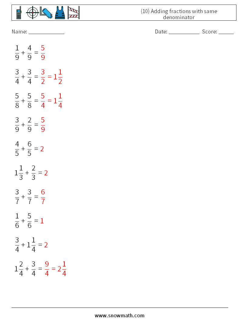 (10) Adding fractions with same denominator Maths Worksheets 12 Question, Answer