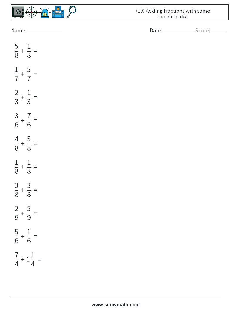 (10) Adding fractions with same denominator Maths Worksheets 13