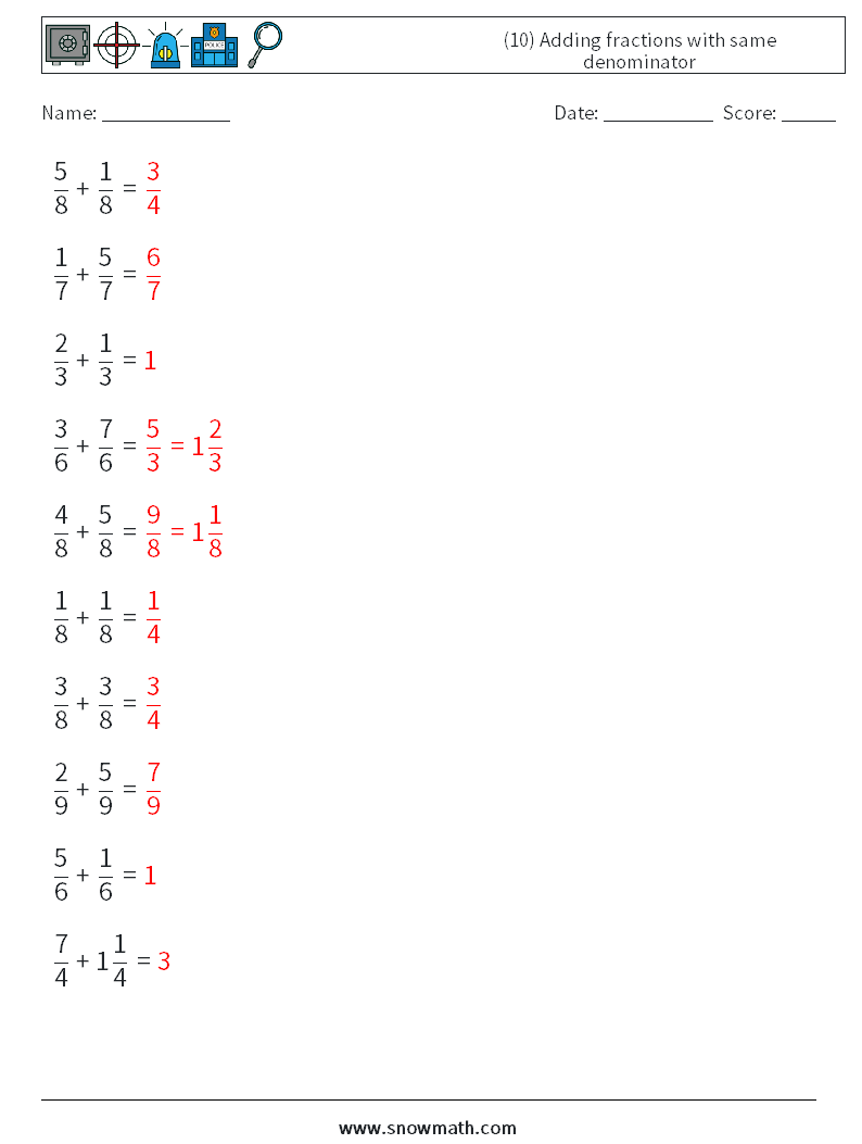 (10) Adding fractions with same denominator Maths Worksheets 13 Question, Answer