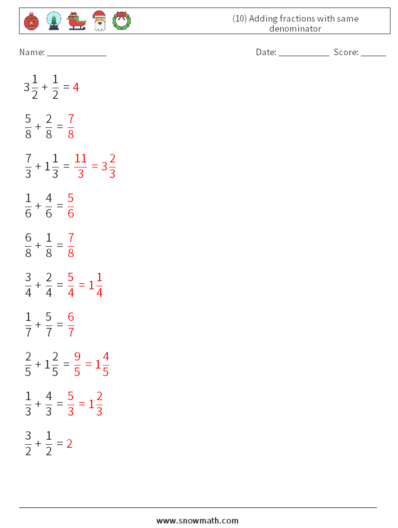 (10) Adding fractions with same denominator Maths Worksheets 14 Question, Answer