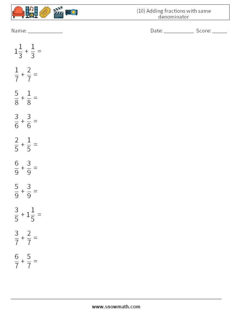 (10) Adding fractions with same denominator Maths Worksheets 15