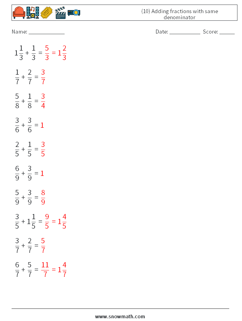 (10) Adding fractions with same denominator Maths Worksheets 15 Question, Answer