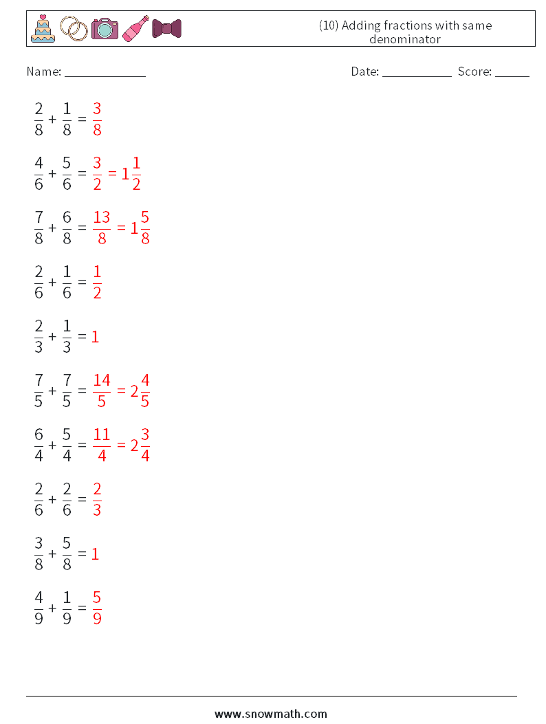 (10) Adding fractions with same denominator Maths Worksheets 16 Question, Answer